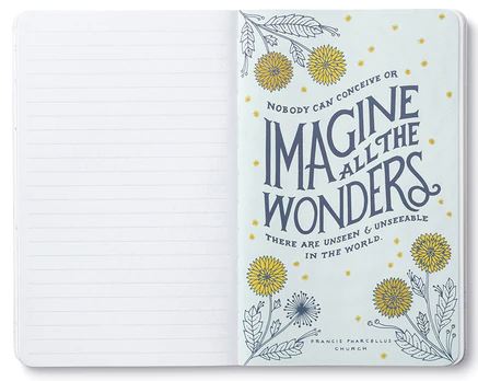 An open COMPENDIUM "Expect the most wonderful things to happen" notebook with light blue lined pages. The right page showcases a quote in modern typography: “Nobody can conceive or imagine all the wonders there are unseen & unseeable in the world." The page is adorned with decorative floral illustrations featuring yellow and blue flowers and leaves, making it perfect for a Write Now Journal.